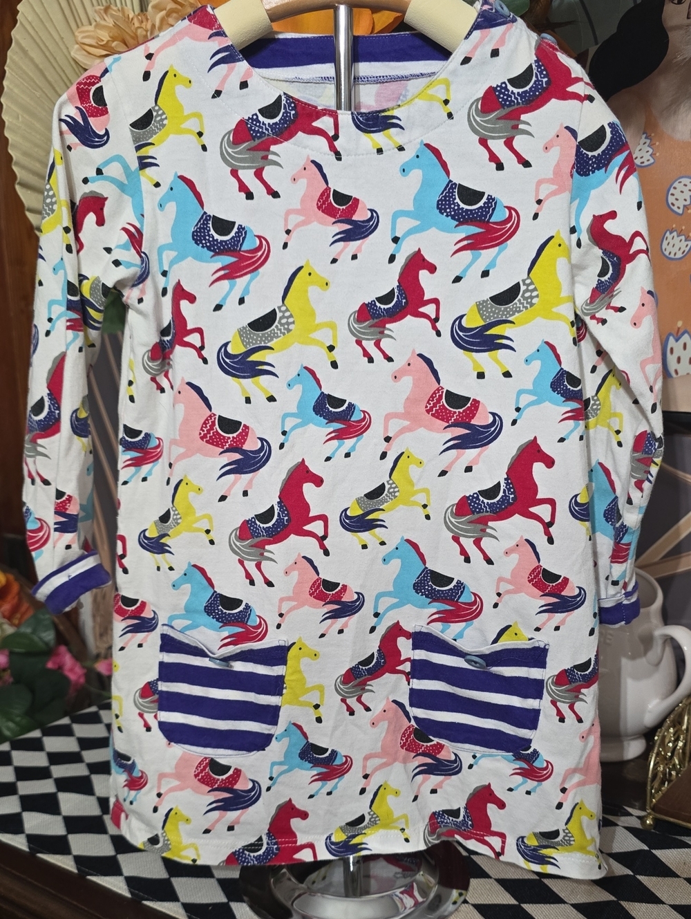Girls White Horse Print Long Sleeve Dress with Striped Pockets 3t
